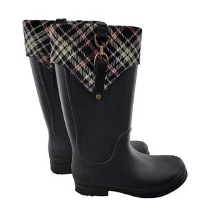 Crocs Bridle Wellies Tall Rain Boots Black With Plaid Women's Size 8